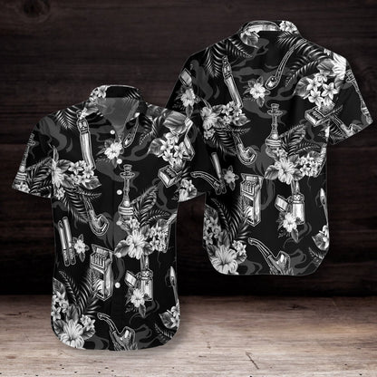 Tobacco Pattern Black And White Flower Pattern Hawaiian Shirt, Hawaiian Shirt Gift, Christmas Gift