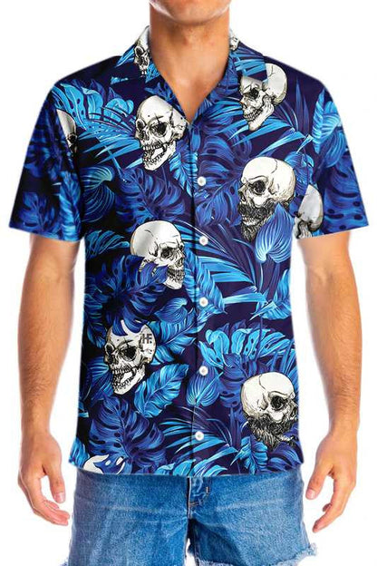 Sweet Blue Tropical Floral Summer And Skull Hawaiian Shirt, Hawaiian Shirt Gift, Christmas Gift