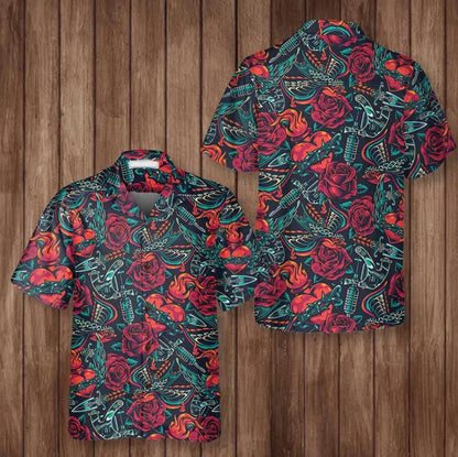 Vintage Tattoo Skull Roses Day Of The Dead Hawaiian Shirt, Hawaiian Shirt Gift, Christmas Gift