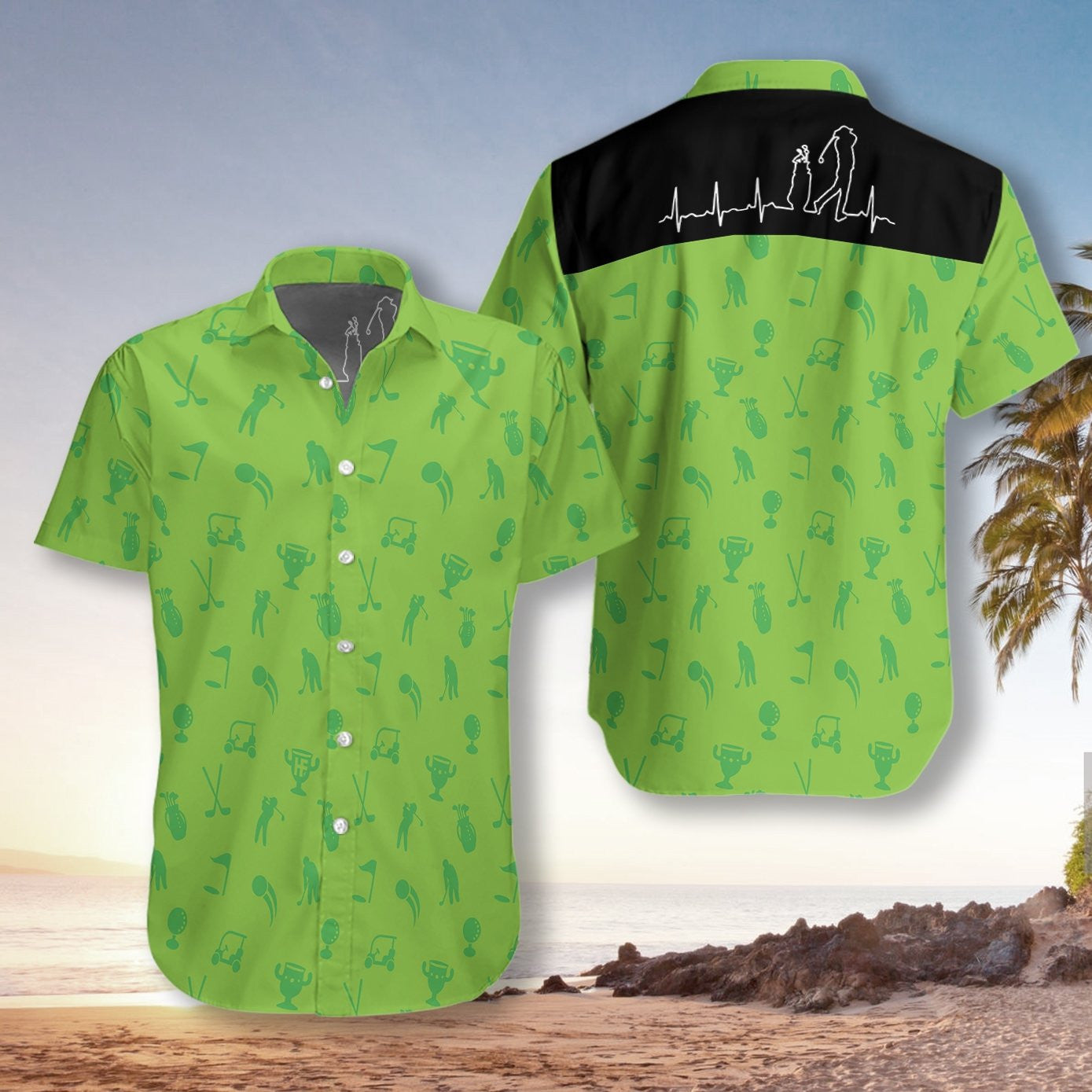 Golf Heartbeat Lifeline Tiny Pattern On Green Theme Hawaiian Shirt, Hawaiian Shirt Gift, Christmas Gift