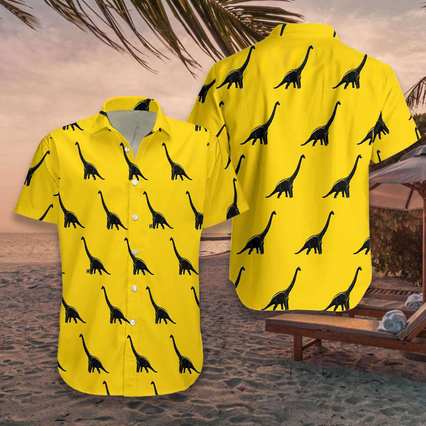 Brachiosaurus Dinosaur On Yellow Design Hawaiian Shirt, Hawaiian Shirt Gift, Christmas Gift