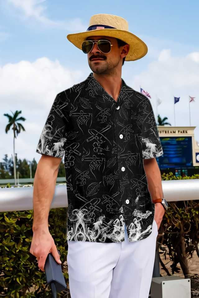 Tobacco Seamless Pattern On Black Custom Name Hawaiian Shirt, Hawaiian Shirt Gift, Christmas Gift