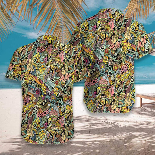 Hippie Style Doodles Illustration Pattern Hawaiian Shirt, Hawaiian For Gift