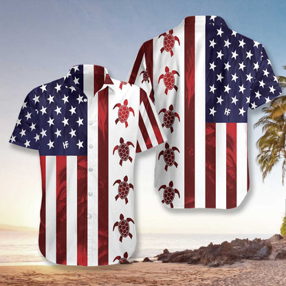 Red Stripes Turtle Flag American Design Hawaiian Shirt,Hawaiian Shirt Gift, Christmas Gift