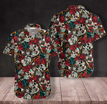 Day Of The Dead Skull With Red Roses Pattern Hawaiian Shirt, Hawaiian Shirt Gift, Christmas Gift