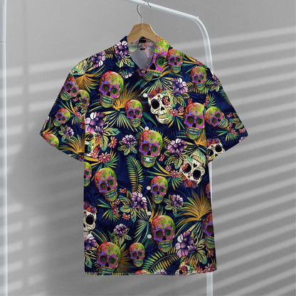 Sugar Skull And Leaves Pattern Hawaiian Shirt,Hawaiian Shirt Gift, Christmas Gift