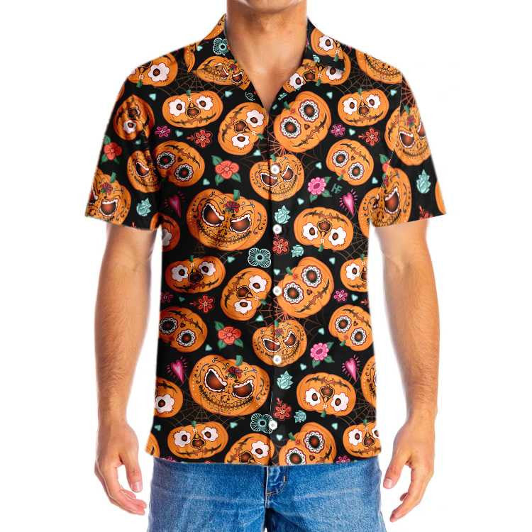 Smiling Pumpkin Flower Halloween Theme Hawaiian Shirt,Hawaiian Shirt Gift, Christmas Gift