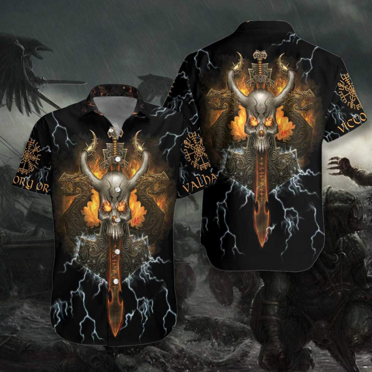 Black Viking Skull Cool Pattern Hawaiian Shirt, Hawaiian For Gift