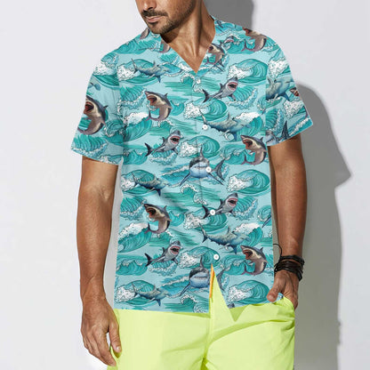 Sharks On Sea Waves Design Hawaiian Shirt, Hawaiian Shirt Gift, Christmas Gift