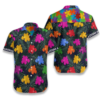 Autism Tropical On Dark Pattern Hawaiian Shirt, Hawaiian Shirt Gift, Christmas Gift