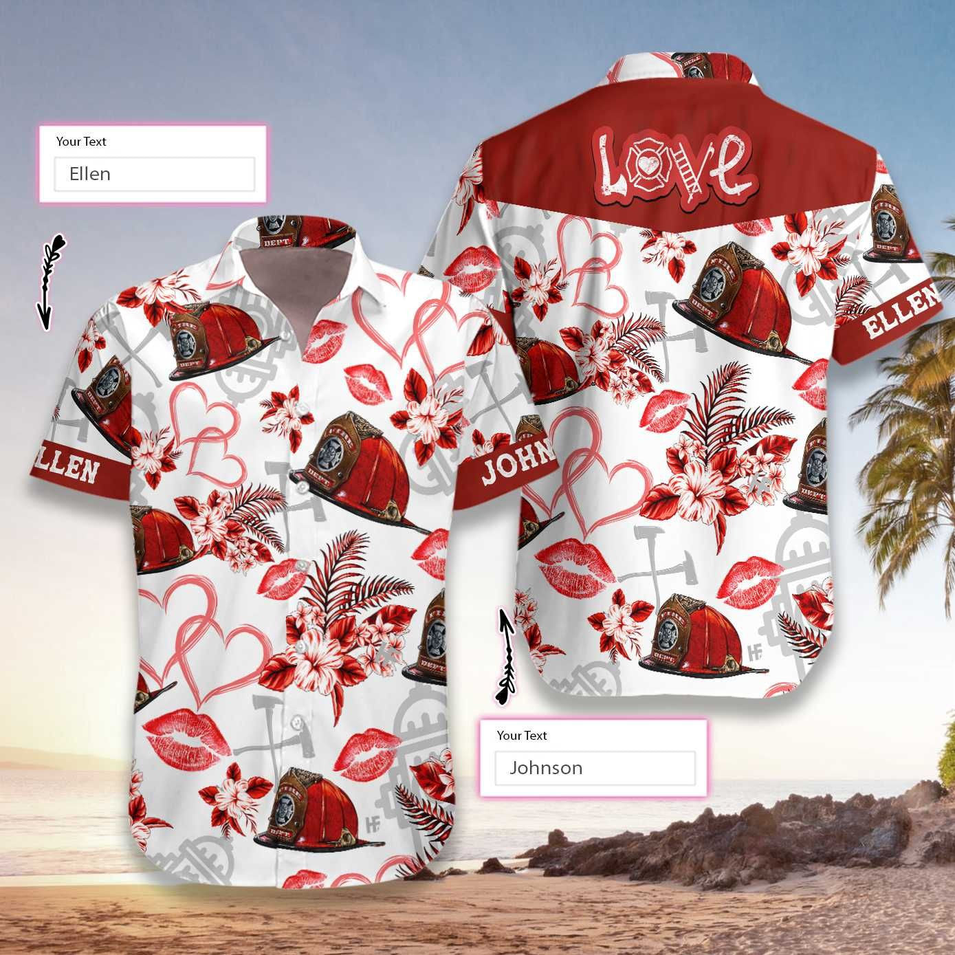 Love Firefighter Valentine Custom Name Hawaiian Shirt, Hawaiian For Gift