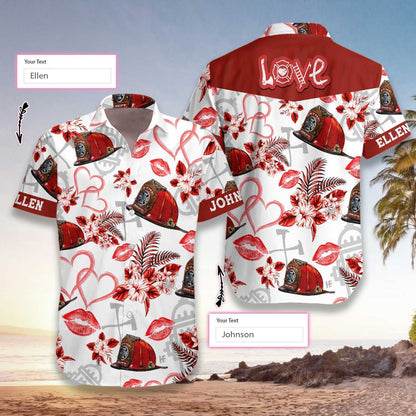 Love Firefighter Valentine Custom Name Hawaiian Shirt, Hawaiian For Gift