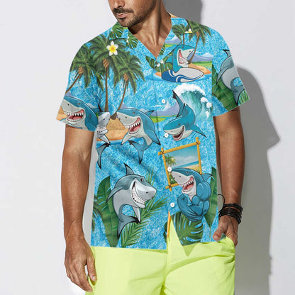 Excellent Sharks On The Beach Hawaiian Shirt,Hawaiian Shirt Gift, Christmas Gift