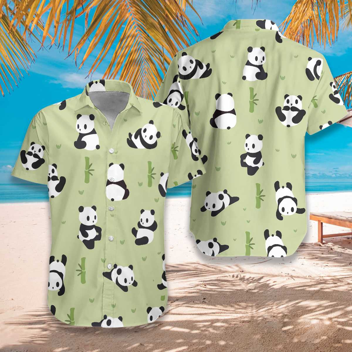 Panda Leaf On Medium Sea Green Design Hawaiian Shirt, Hawaiian Shirt Gift, Christmas Gift