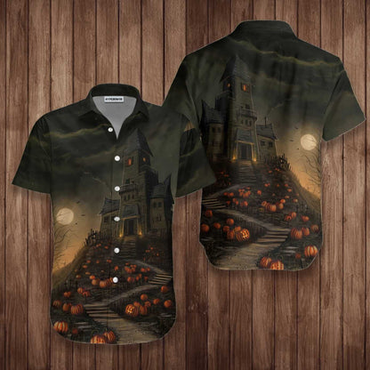 Halloween Haunted House On The Hill With Pumpkin Dramatic Hawaiian Shirt, Hawaiian Shirt Gift, Christmas Gift