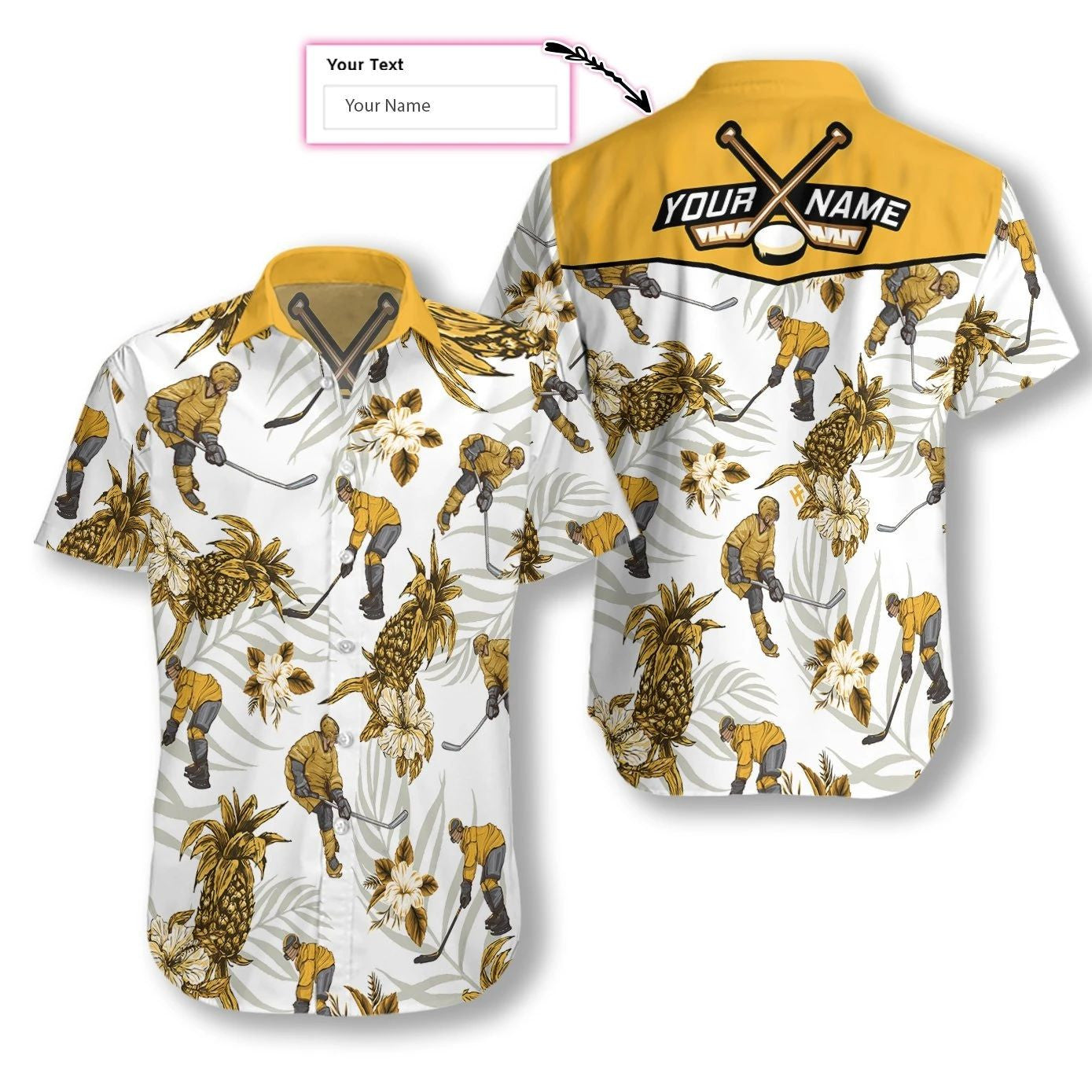 Hockey Pineapple Seamless Pattern White Theme Custom Name Hawaiian Shirt, Hawaiian Shirt Gift, Christmas Gift