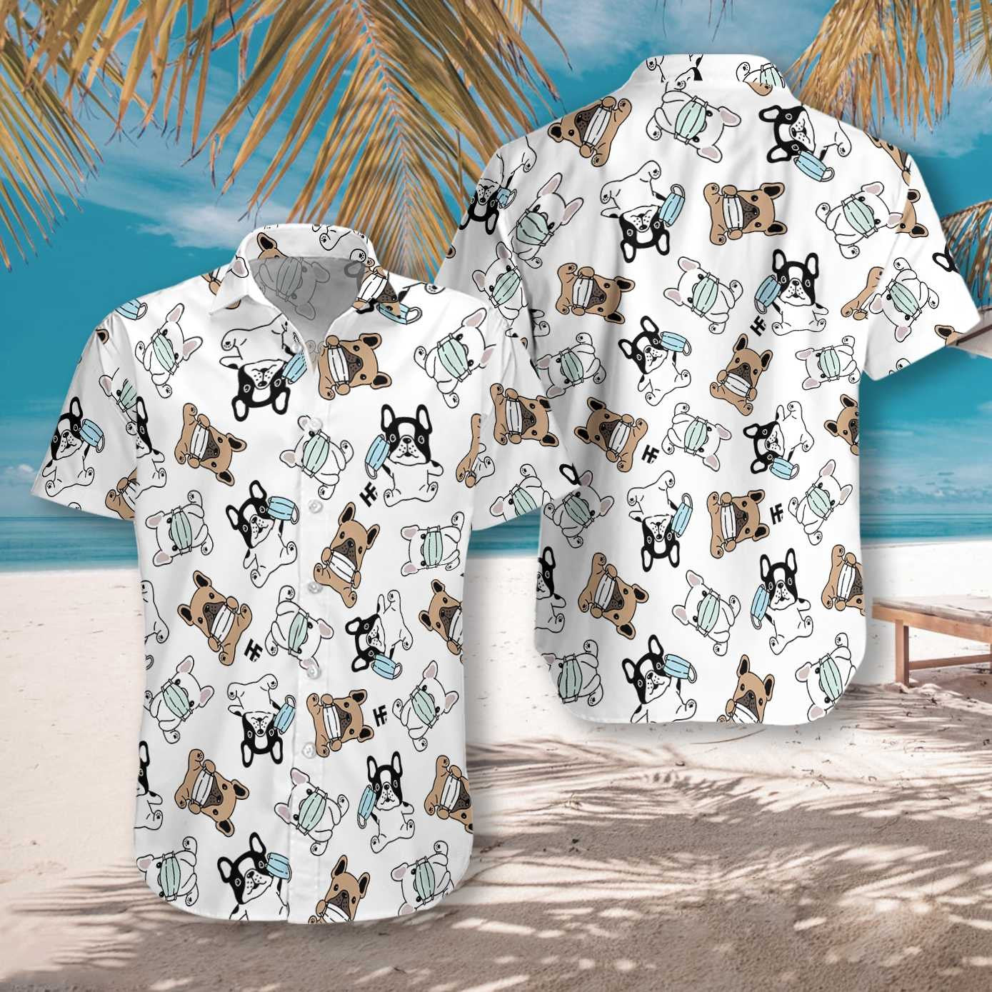 Cute French Bulldog With Face Mask White Background Hawaiian Shirt, Hawaiian Shirt Gift, Christmas Gift