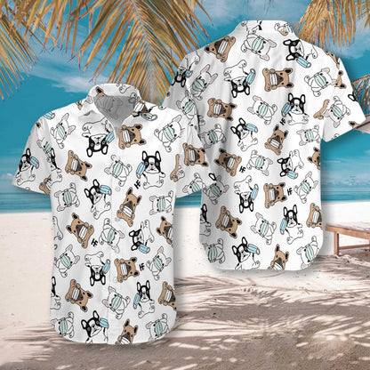 Cute French Bulldog With Face Mask White Background Hawaiian Shirt, Hawaiian Shirt Gift, Christmas Gift