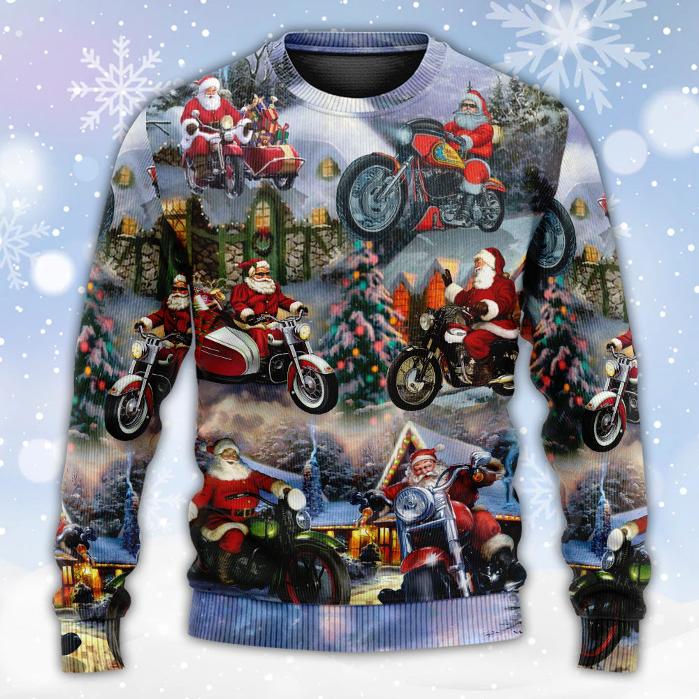 Christmas Santa Claus Driving Motorcycle Bike Gift Light Art Style Ugly Christmas Sweater, Christmas Gift, Gift Christmas 2024