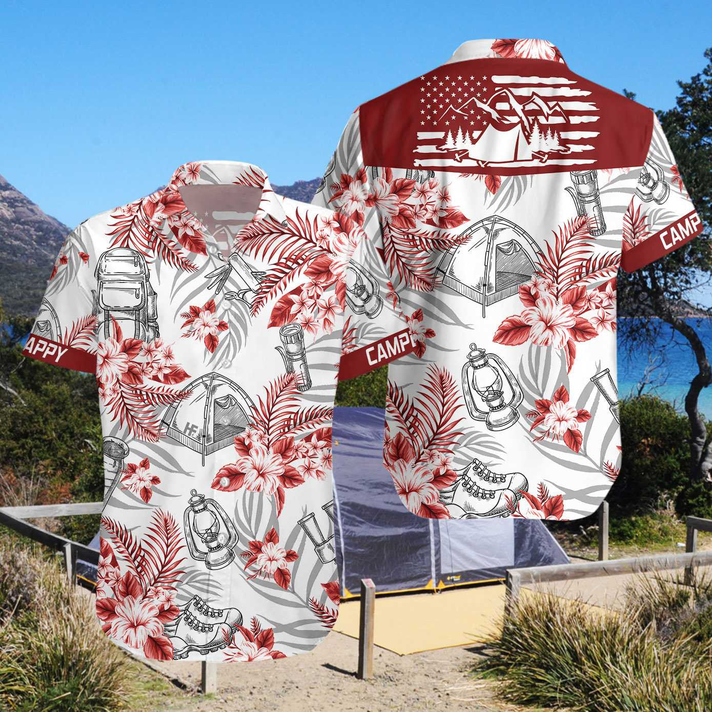 Black And Red Happy Camper Hawaiian Shirt, Hawaiian Shirt Gift, Christmas Gift