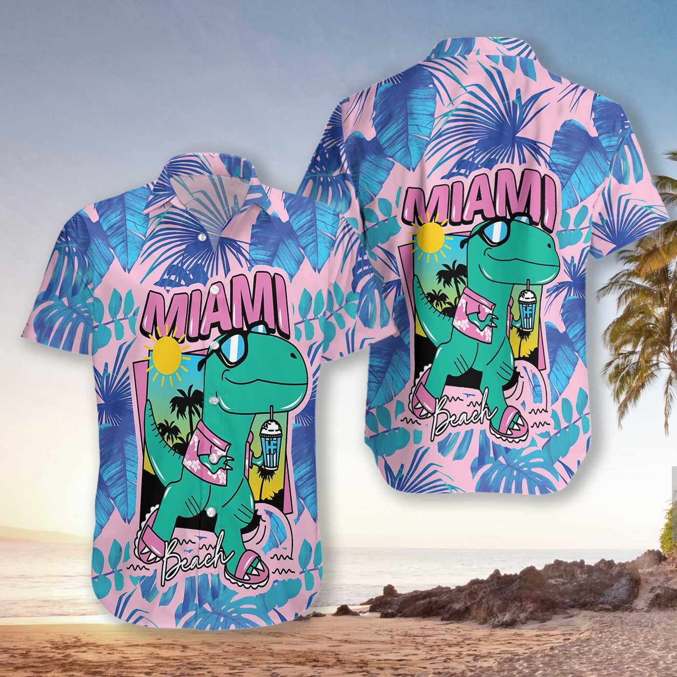 Cool T- Rex Dinosaur Blue Leave Pink Theme Hawaiian Shirt, Hawaiian Shirt Gift, Christmas Gift