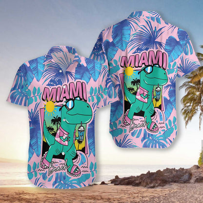 Cool T- Rex Dinosaur Blue Leave Pink Theme Hawaiian Shirt, Hawaiian Shirt Gift, Christmas Gift