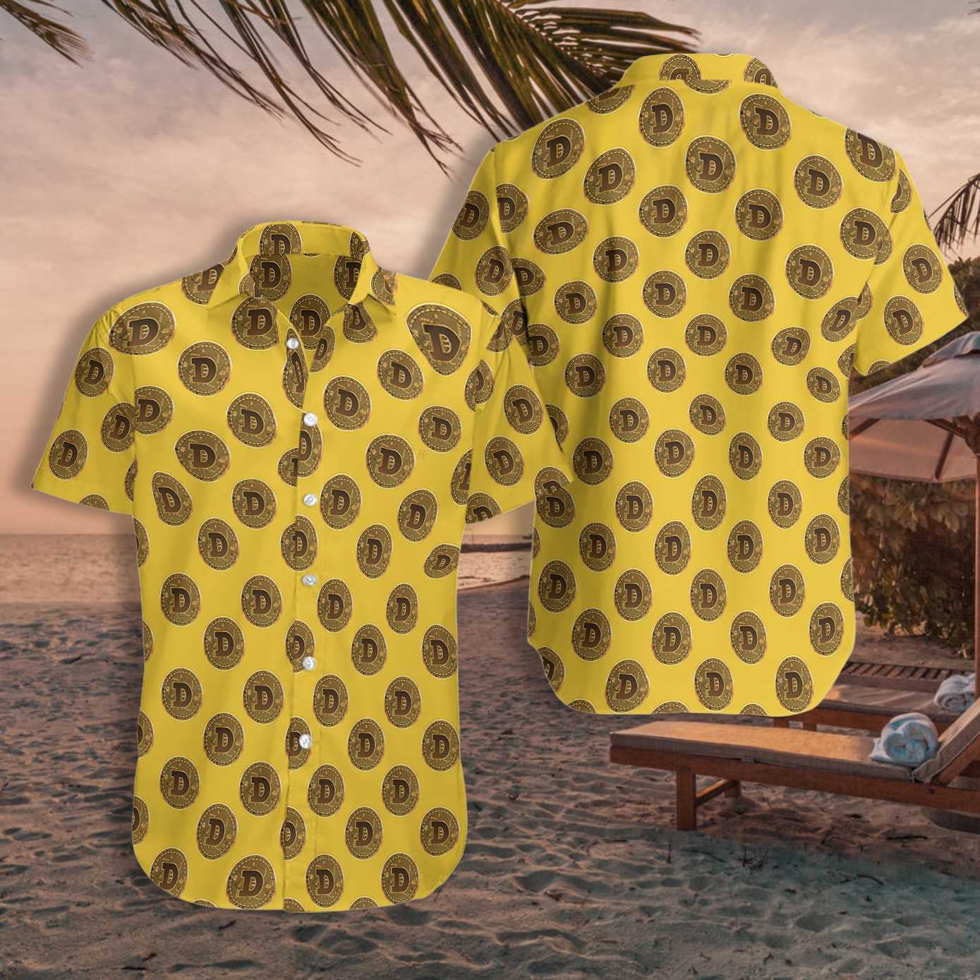 Dogecoin Black And Goldenrod Design Hawaiian Shirt, Hawaiian Shirt Gift, Christmas Gift
