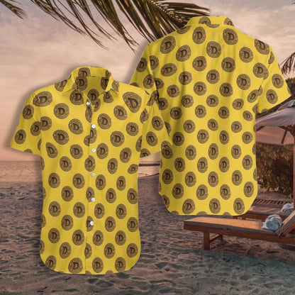 Dogecoin Black And Goldenrod Design Hawaiian Shirt, Hawaiian Shirt Gift, Christmas Gift