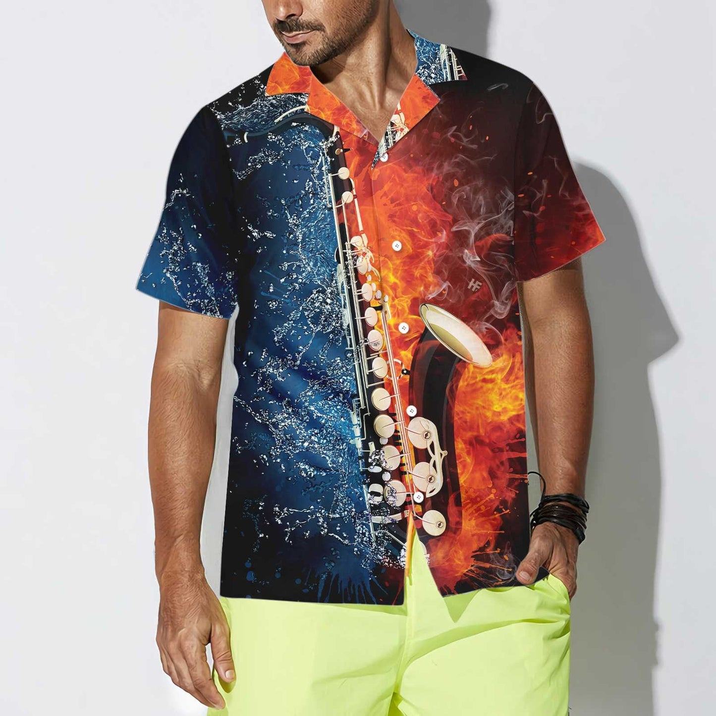 Nice Saxophone With Water And Flame Hawaiian Shirt,Hawaiian Shirt Gift, Christmas Gift