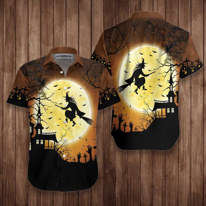 Halloween Night Flying Witch Over A Castle Dramatic Hawaiian Shirt, Hawaiian Shirt Gift, Christmas Gift