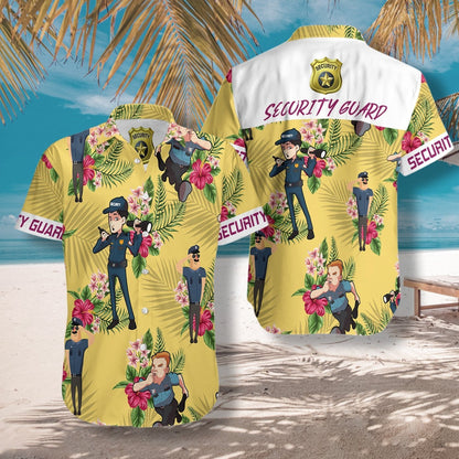Security Guard Pattern On Yellow Background Design Hawaiian Shirt, Hawaiian Shirt Gift, Christmas Gift