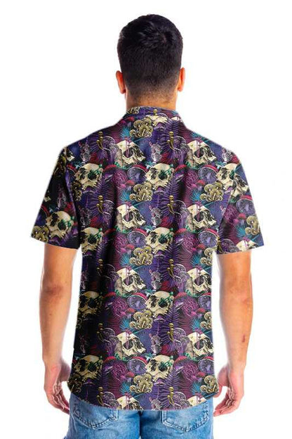 Bright Magic Psychedelic Mushrooms And Skulls Pattern Hawaiian Shirt, Hawaiian Shirt Gift, Christmas Gift