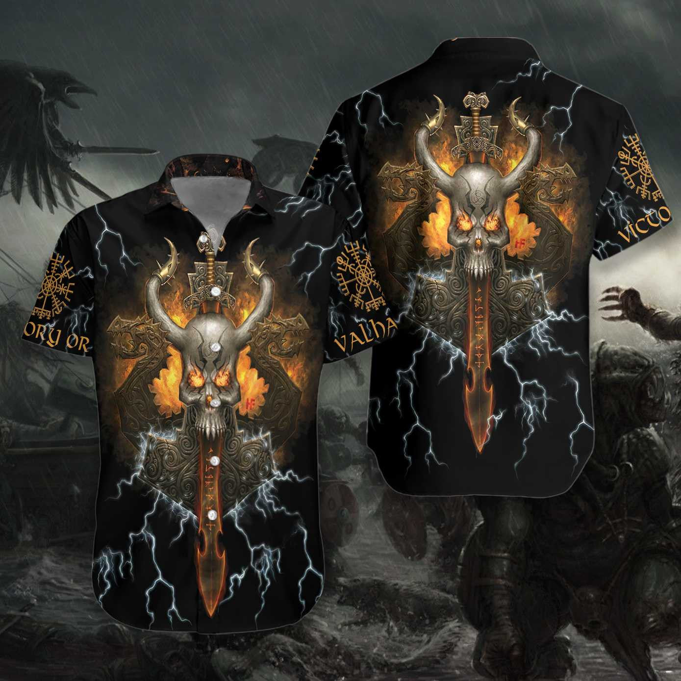 Viking Skull Thunder Power On Black Design Hawaiian Shirt, Hawaiian Shirt Gift, Christmas Gift