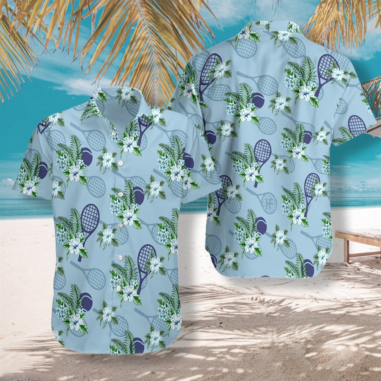 Tropical Tennis 5 On Blue Background Design Hawaiian Shirt, Hawaiian Shirt Gift, Christmas Gift