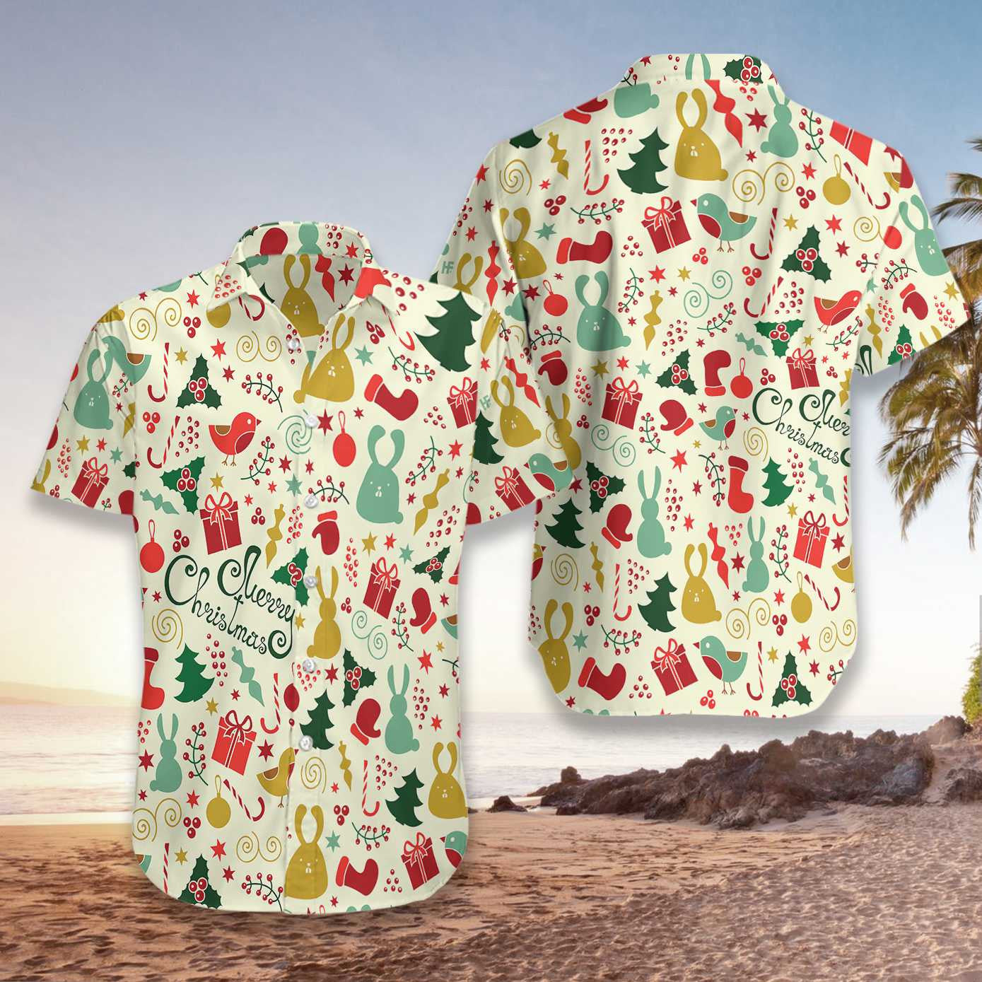 Merry Christmas On White Background Pattern Hawaiian Shirt,Hawaiian Shirt Gift, Christmas Gift