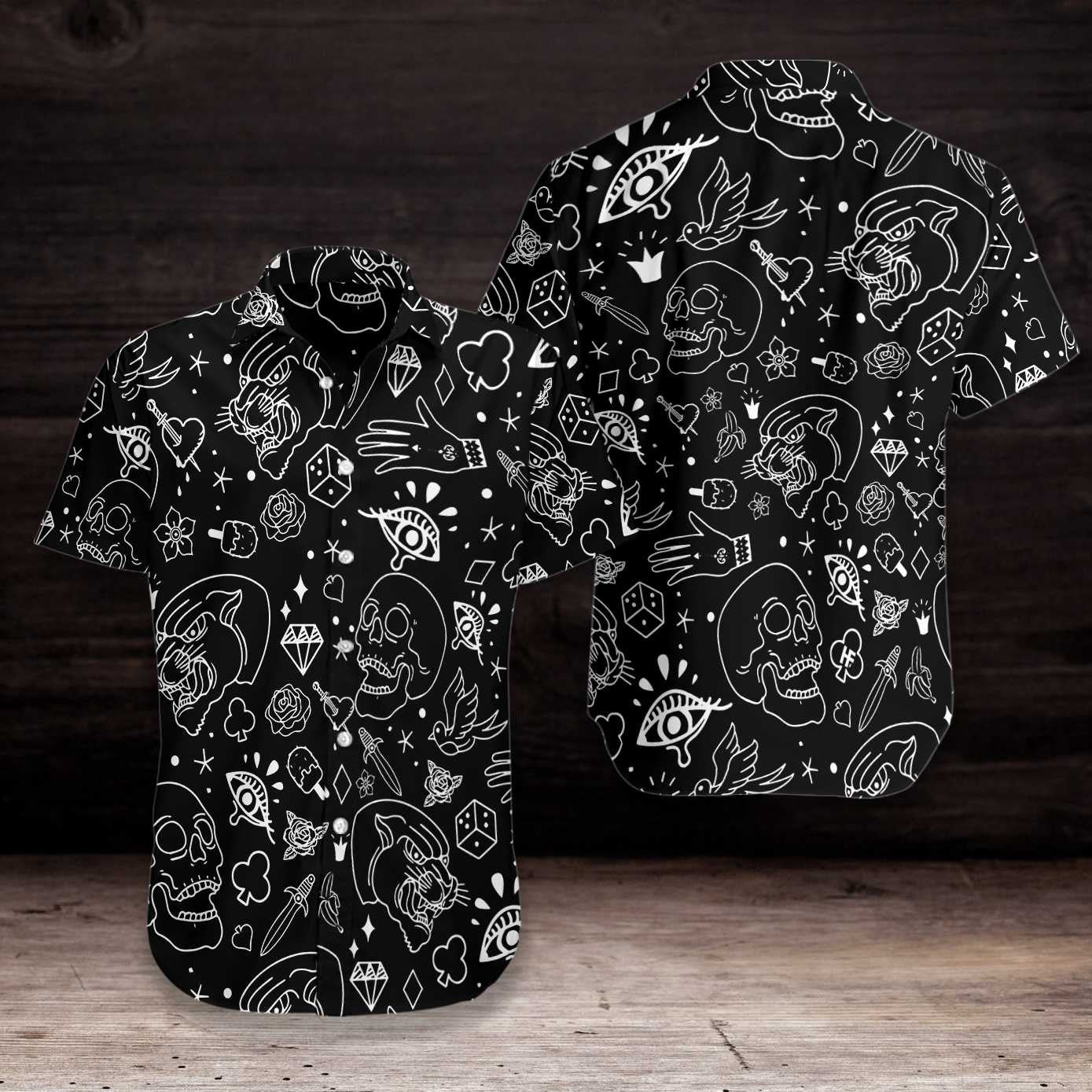 American Traditional Flash Tattoo Skull Black Theme Hawaiian Shirt, Hawaiian Shirt Gift, Christmas Gift