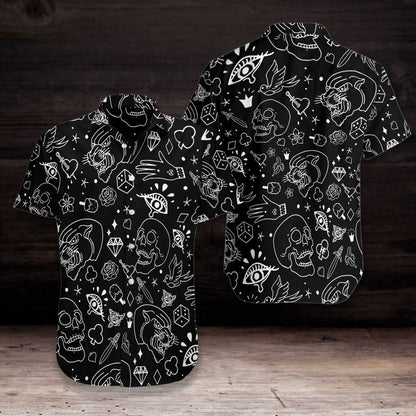 American Traditional Flash Tattoo Skull Black Theme Hawaiian Shirt, Hawaiian Shirt Gift, Christmas Gift