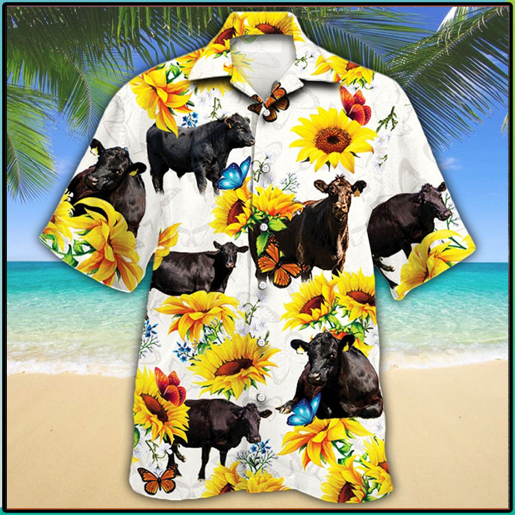 Black Angus Cattle Sunflower Hawaiian Shirt,Hawaiian Shirt Gift, Christmas Gift