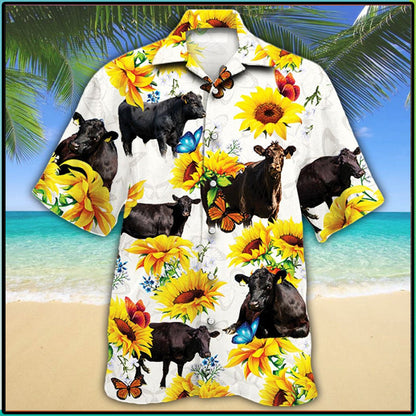 Black Angus Cattle Sunflower Hawaiian Shirt,Hawaiian Shirt Gift, Christmas Gift