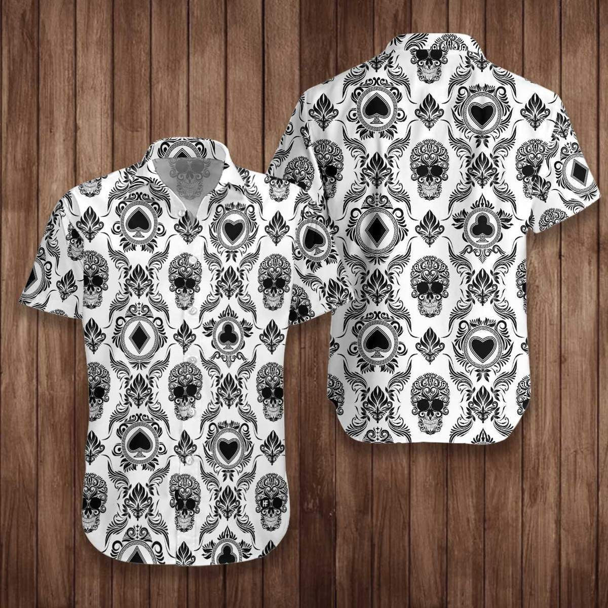 Casino And Black Skull Pattern Hawaiian Shirt, Hawaiian For Gift