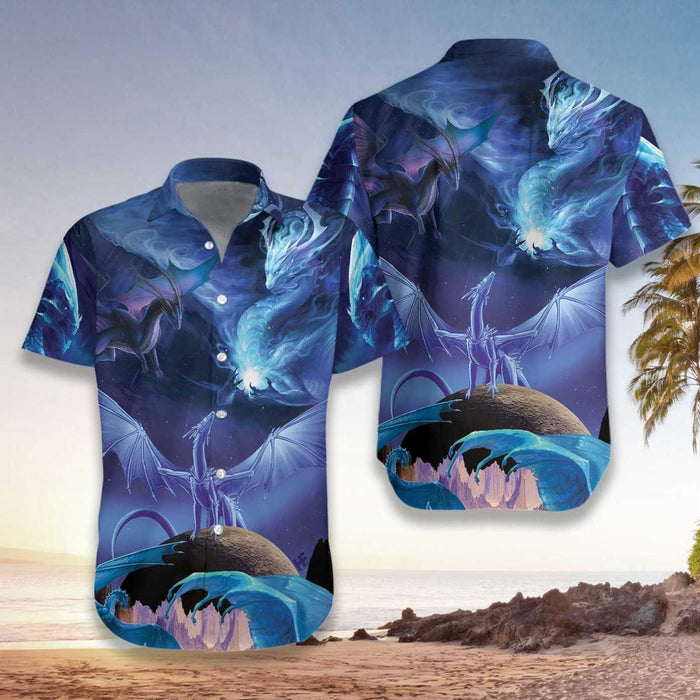 Blue Ice Dragons Art Pattern Hawaiian Shirt, Hawaiian For Gift