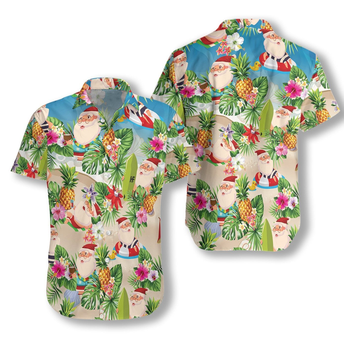 Pineapple And Santa Claus On Beach Happy Moment Hawaiian Shirt, Hawaiian Shirt Gift, Christmas Gift