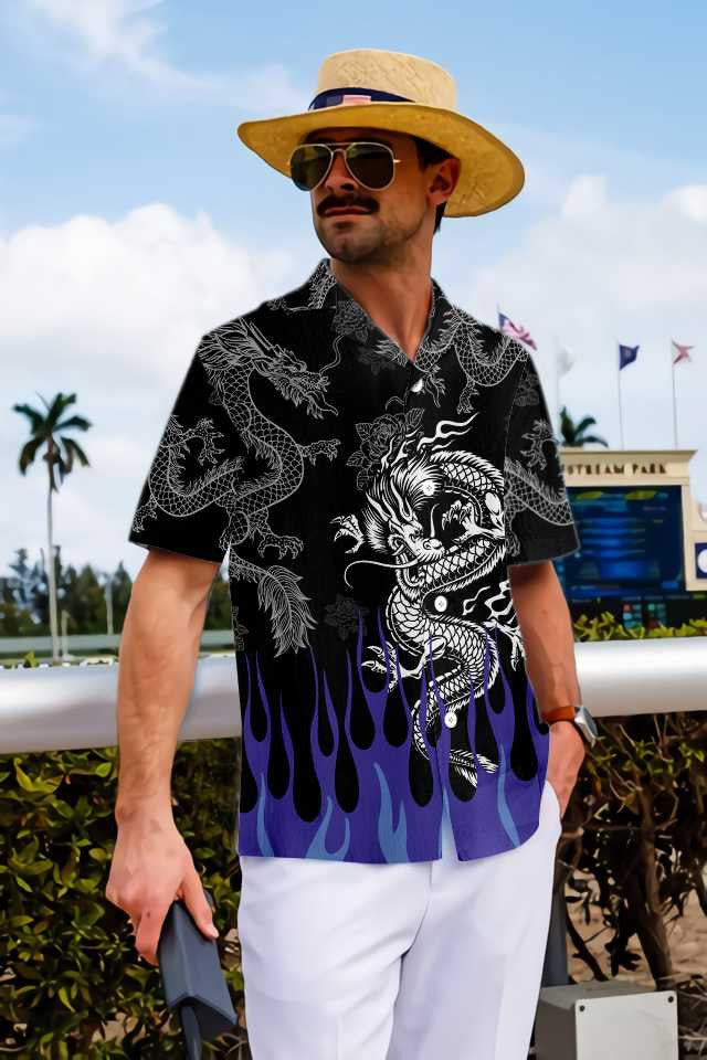 Dragon With Blue Flame Background Hawaiian Shirt, Hawaiian Shirt Gift, Christmas Gift