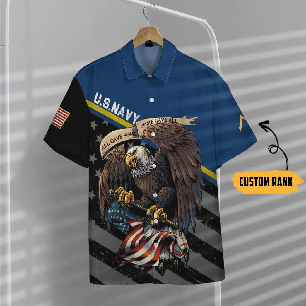 US Navy Veteran Flying Eagle Custom rank Holding America Flag Hawaiian Shirt, Hawaiian Shirt Gift, Christmas Gift