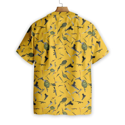 Gold Background Gun Military Gear Hawaiian Shirt,Hawaiian Shirt Gift, Christmas Gift