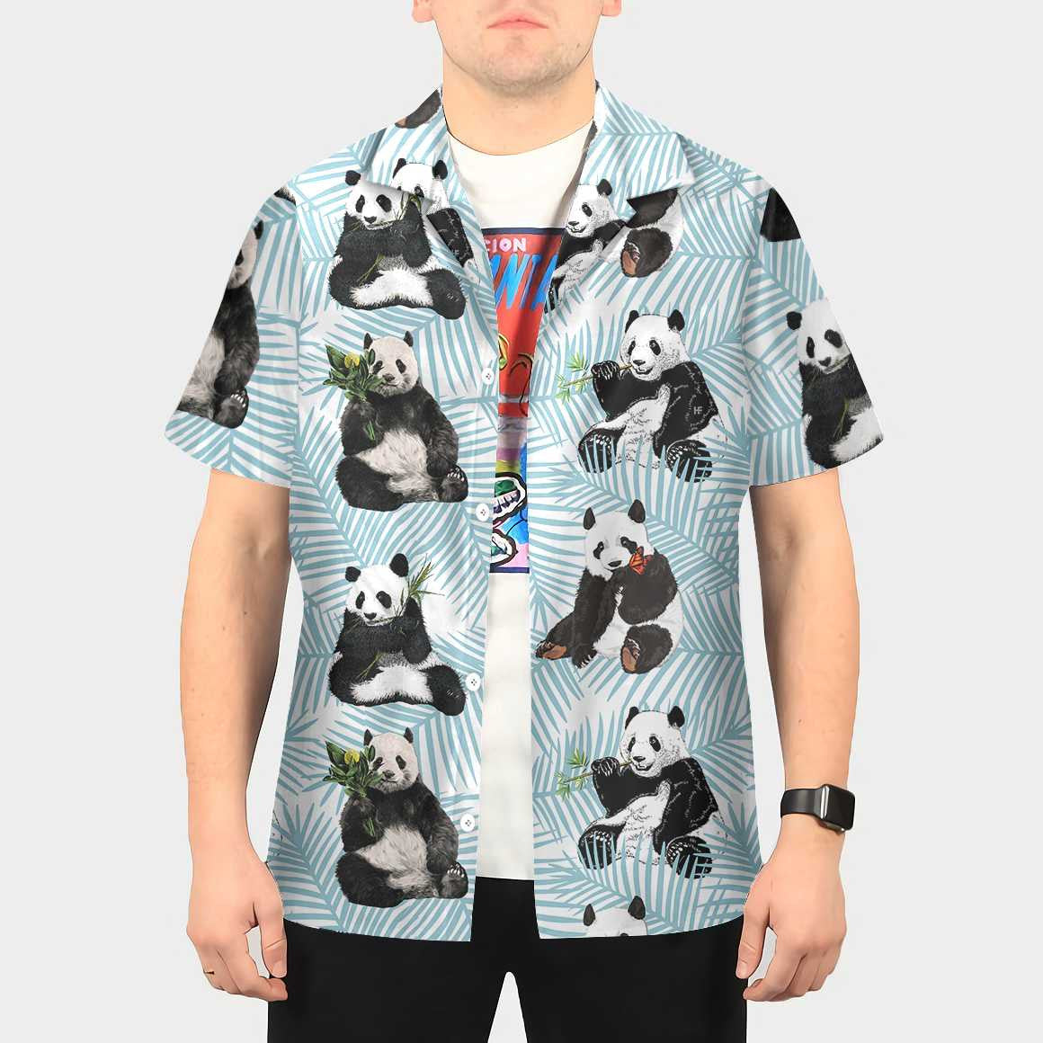 Light Sky Blue Design Hawaiian Shirt Panda On Palm Leaves, Hawaiian Shirt Gift, Christmas Gift