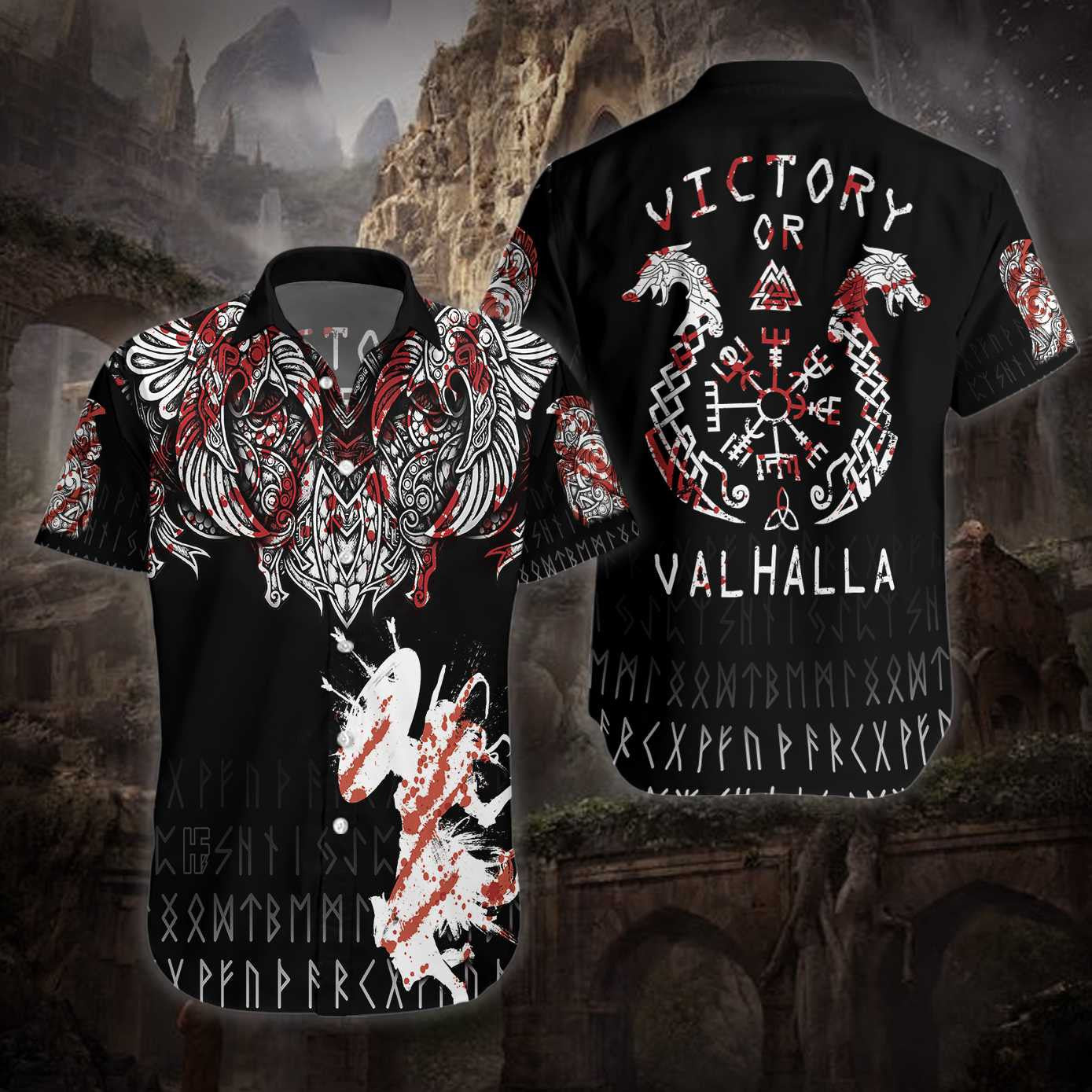 Victory Or Valhalla Black White And Red Design Hawaiian Shirt, Hawaiian Shirt Gift, Christmas Gift