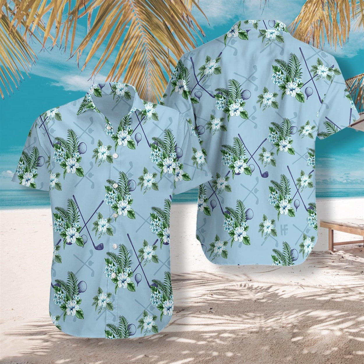 Tropical Golf 5 On Blue Background Design Hawaiian Shirt, Hawaiian Shirt Gift, Christmas Gift