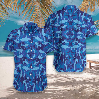 Military With Shark Blue Camo Pattern Design Hawaiian Shirt, Hawaiian Shirt Gift, Christmas Gift