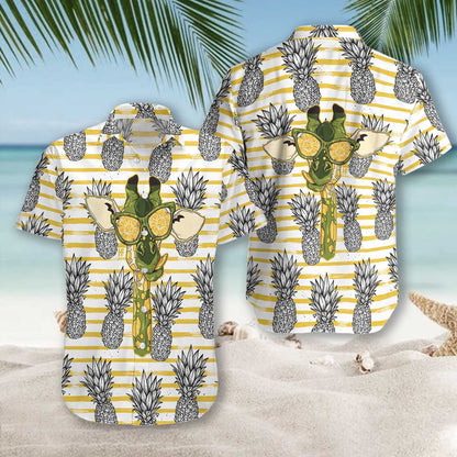 Pineapple And Cute Giraffe Yellow Horizontal Stripe Hawaiian Shirt, Hawaiian Shirt Gift, Christmas Gift